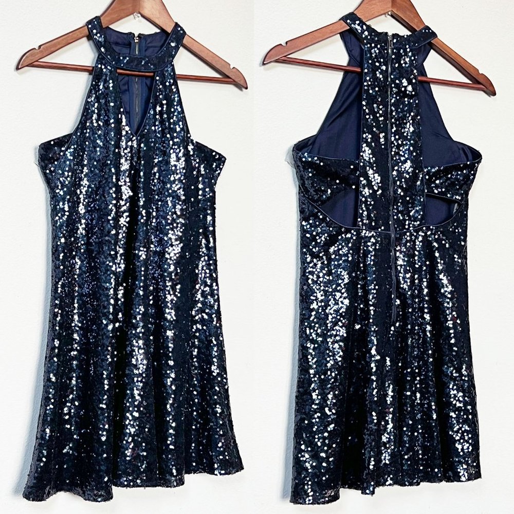 Lulu's Grandeur Navy Blue Sequin Cutout Swing Dress M Sparkly Bling Party $65 - Picture 10 of 16